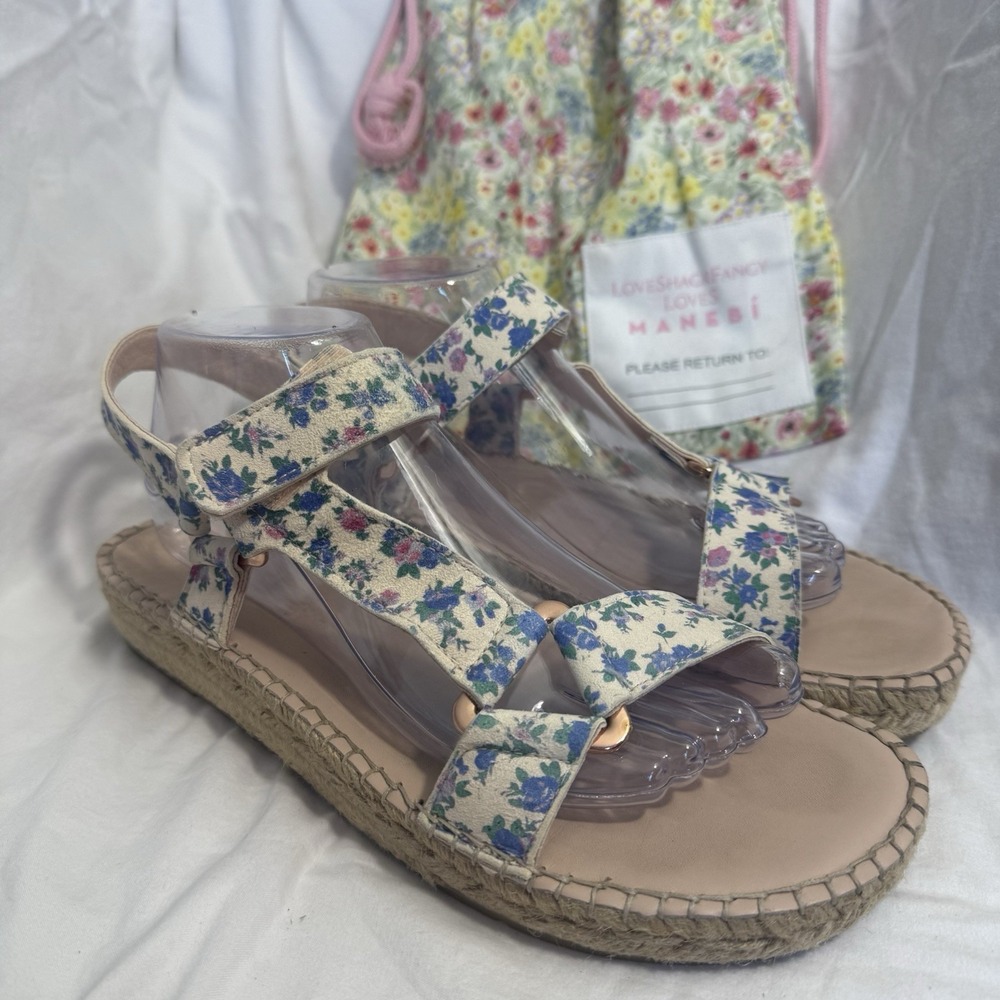 LoveShackFancy X Manebi Womens Pastel Blue Floral Platform Wedge Espadrilles 41